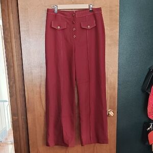 Cider Maroon Wide Leg Pants with Button Accents